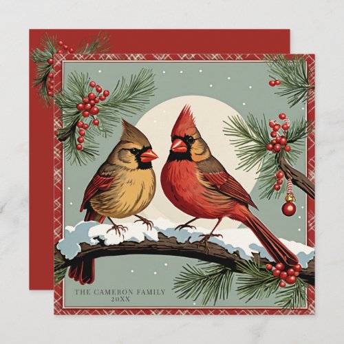 Vintage Christmas Cardinal Birds Red Holiday Flat Card