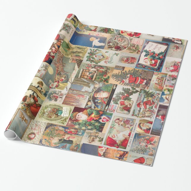 Vintage Christmas Cards Holiday Pattern Wrapping Paper (Unrolled)