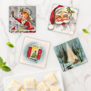 Vintage Christmas Cards & Santa Coaster Set