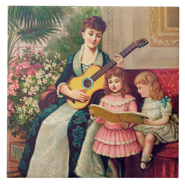 Vintage Christmas Carol, 1888 lithograph, Ceramic Tile (Front)