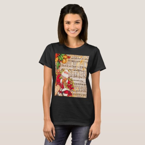 Vintage Christmas Carol Music and Santa T_Shirt