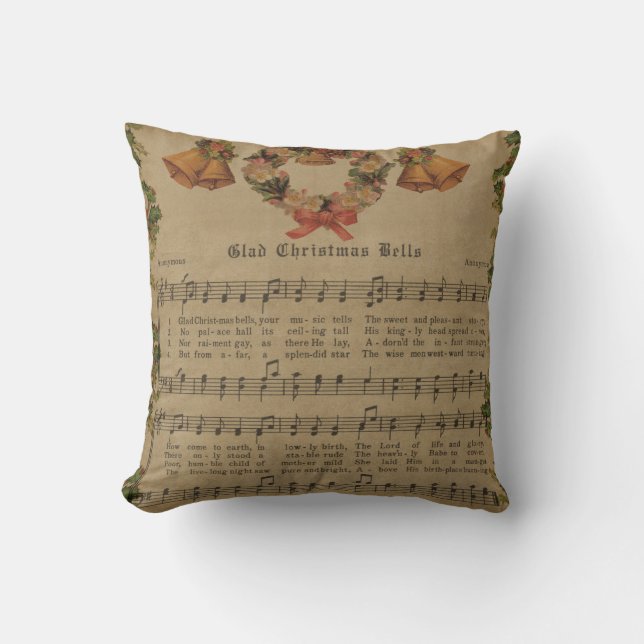 Vintage Christmas Carol Music Sheet Throw Pillow (Front)