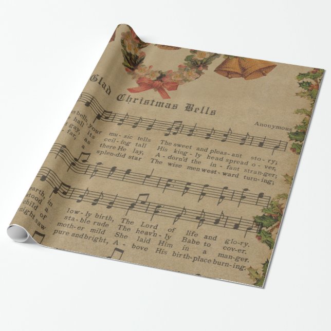 Vintage Christmas Carol Music Sheet Wrapping Paper (Unrolled)