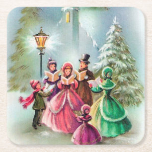 Vintage Christmas Carolers party Square Paper Coaster