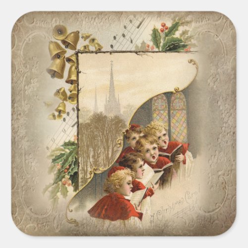 Vintage Christmas Carolers with Bells and Holly Square Sticker