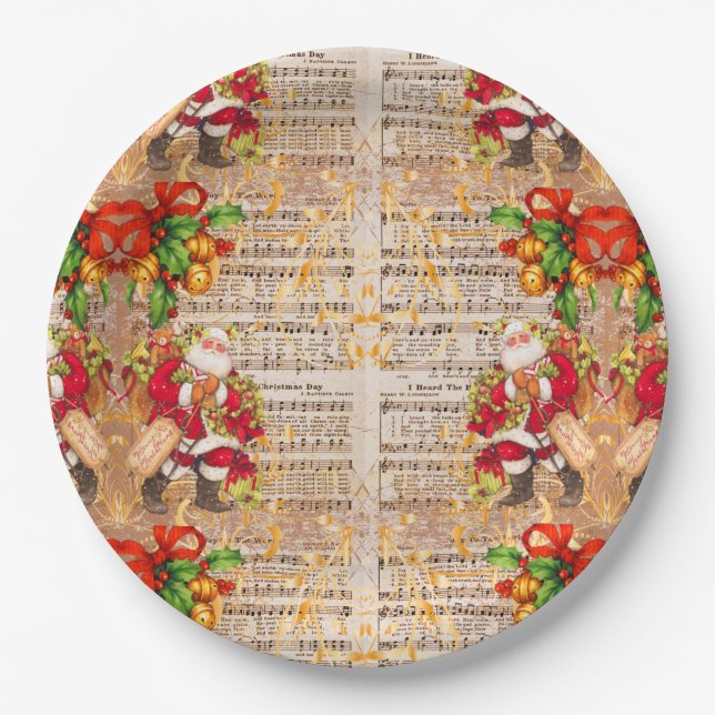 Vintage Christmas Carols and Santa Christmas Paper Plates (Front)