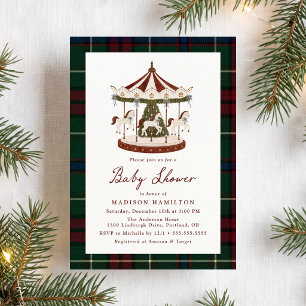 Vintage Christmas Carousel Tartan Baby Shower Invitation