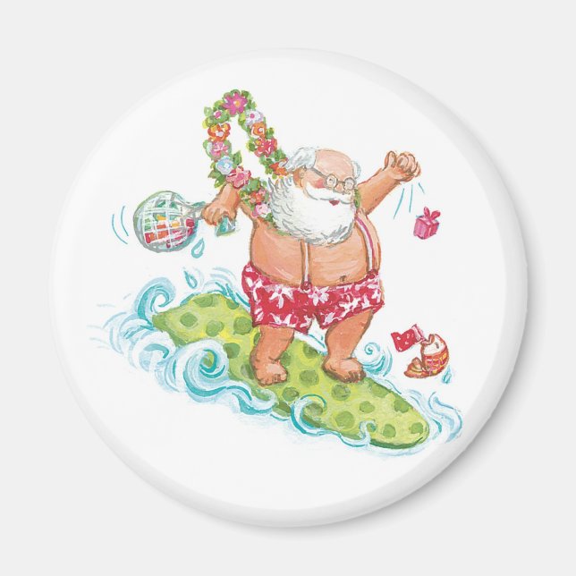 Vintage Christmas Cartoon Surfing Santa Claus Magnet (Front)