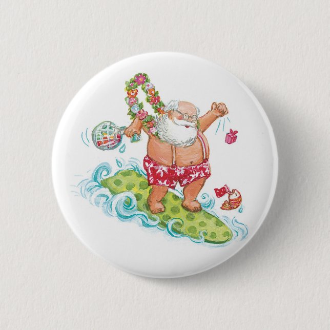 Vintage Christmas Cartoon Surfing Santa Claus Pinback Button (Front)