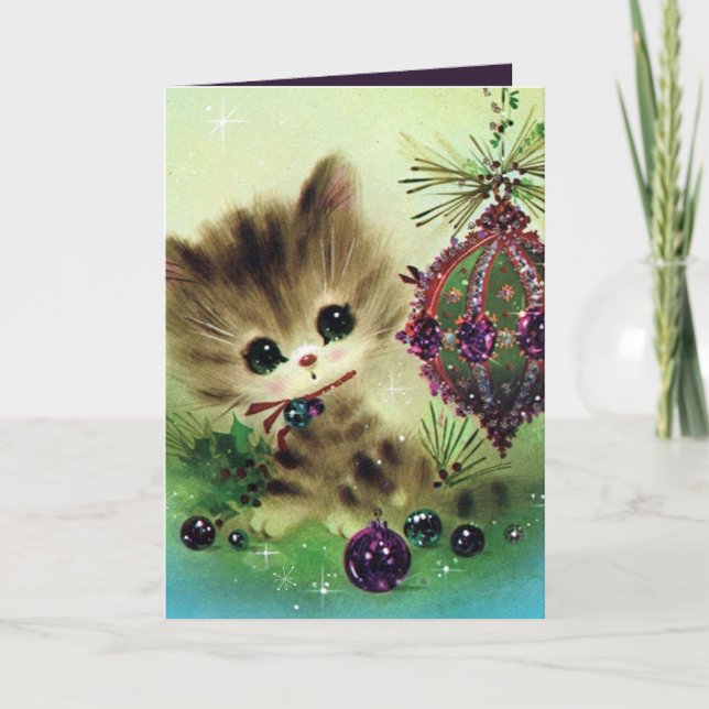 Vintage Christmas cat add message retro card (Front)