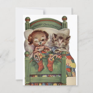 Vintage Christmas Cat And Dog In Bed Holiday Card