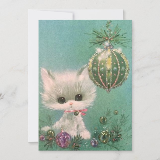 Vintage Christmas Cat and Ornament Holiday Card (Front)