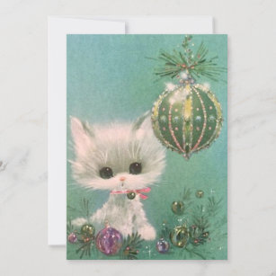 Vintage Christmas Cat and Ornament Holiday Card
