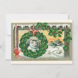 Vintage Christmas Cat Card in a Holly Wreath