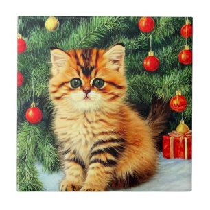 Vintage Christmas Cat Ceramic Tile