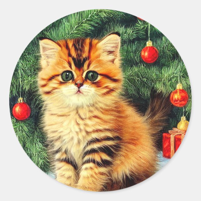 Vintage Christmas Cat Classic Round Sticker (Front)