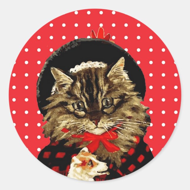 Vintage Christmas Cat Holding Dog Sticker (Front)