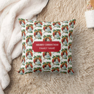 Vintage Christmas Cat Holiday Custom Name Throw Pillow
