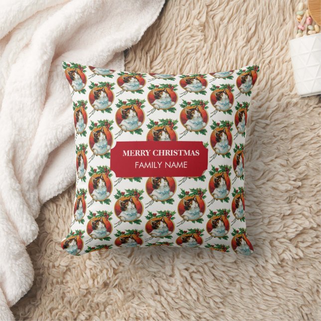 Vintage Christmas Cat Holiday Custom Name Throw Pillow (Blanket)