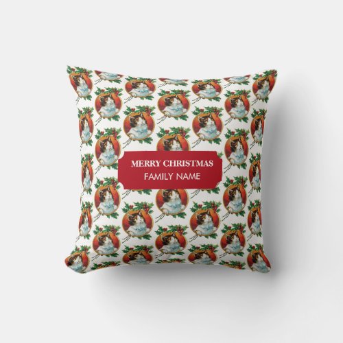 Vintage Christmas Cat Holiday Custom Name Throw Pillow