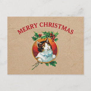 Vintage Christmas Cat Holiday Kraft Brown Paper Postcard