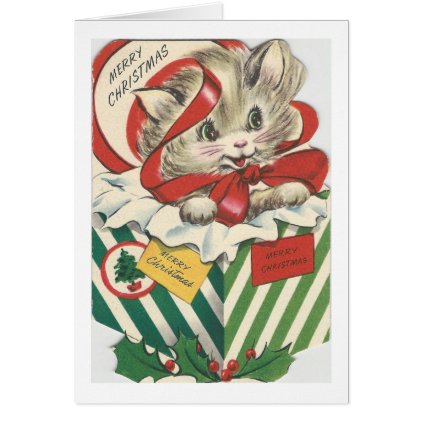 Vintage Christmas Cat In Present Card