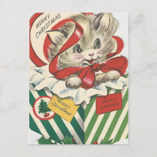 Vintage Christmas Cat In Present Holiday Postcard