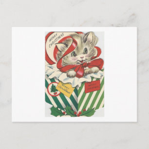 Vintage Christmas Cat In Present Holiday Postcard