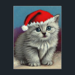 Vintage Christmas Cat in Santa Hat Holiday Postcard<br><div class="desc">Holiday Postcard featuring a Christmas cat wearing a Santa hat! This blue-eyed,  grey kitty poses in a field of snow. An adorable gift for the Christmas season and cat lovers!</div>