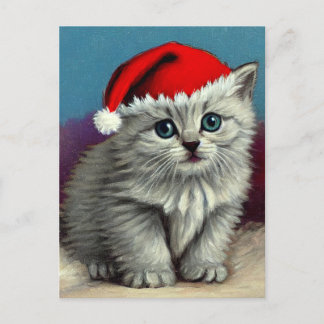 Vintage Christmas Cat in Santa Hat Holiday Postcard
