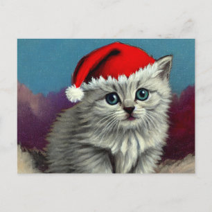 Vintage Christmas Cat in Santa Hat Postcard