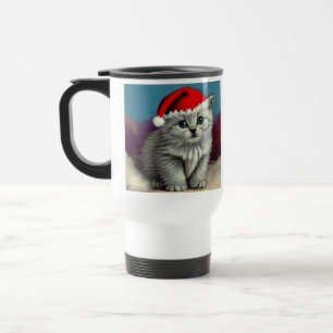 Vintage Christmas Cat in Santa Hat Travel Mug