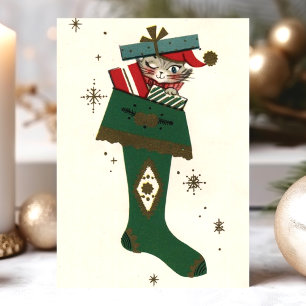Vintage Christmas Cat In Stocking Holiday Card