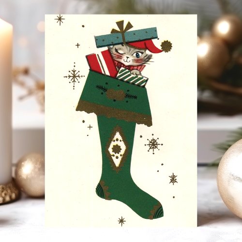 Christmas Greeting Cards 17 Vintage Christmas Cat In Stocking Holiday Card