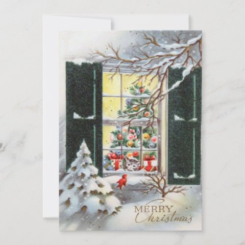 Vintage Christmas Cat In Window Holiday Card