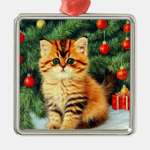 Vintage Christmas Cat Metal Ornament