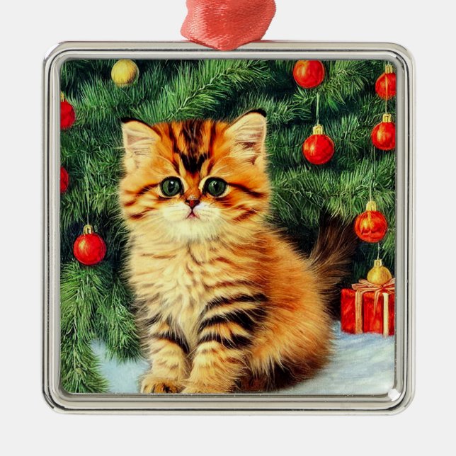 Vintage Christmas Cat Metal Ornament (Front)