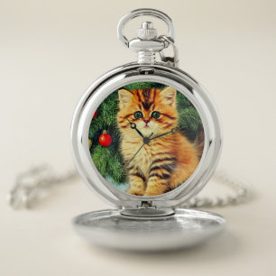 Vintage Christmas Cat Pocket Watch