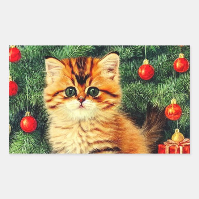 Vintage Christmas Cat Rectangular Sticker (Front)