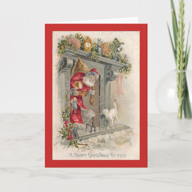 Vintage Christmas Cat & Santa Claus Card (Front)