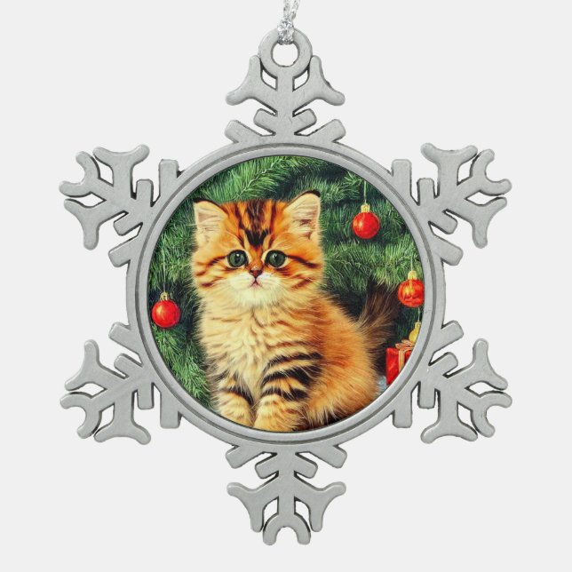 Vintage Christmas Cat Snowflake Pewter Christmas Ornament (Front)