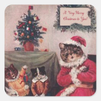 Vintage Christmas Cat Sticker, Louis Wain Cats Square Sticker