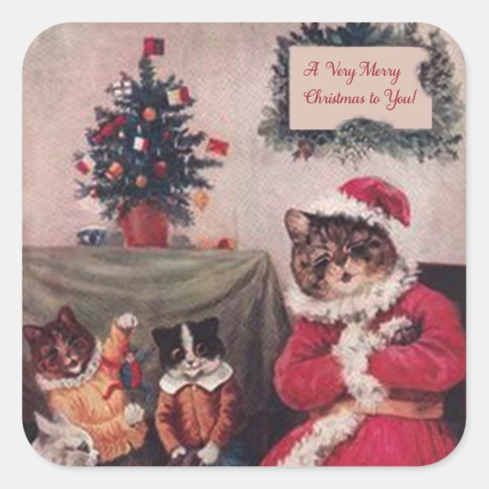Vintage Christmas Cat Sticker Louis Wain Cats Square Sticker Zazzle Com