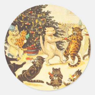 Vintage Christmas Cat Stickers, Louis Wain Classic Round Sticker