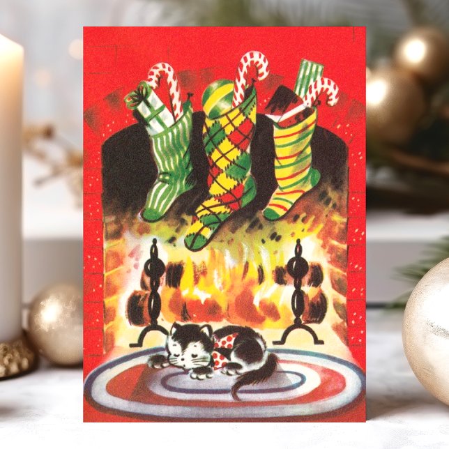 Vintage Christmas Cat Stockings Fireplace Holiday Card (Creator Uploaded)