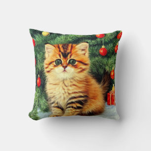 Vintage Christmas Cat Throw Pillow