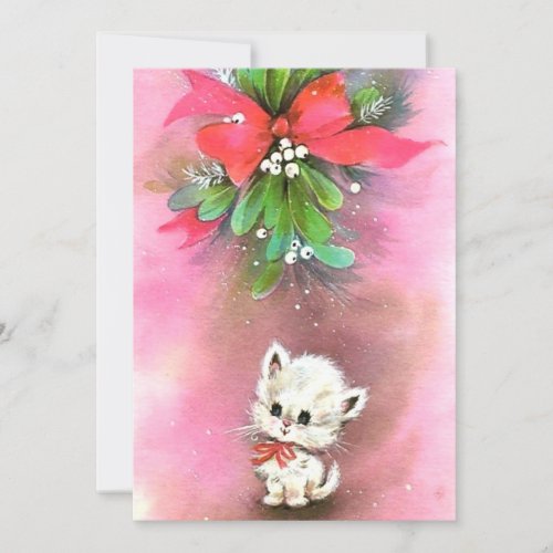 Vintage Christmas Cat Under Mistletoe Holiday Card