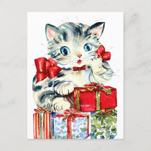 Vintage Christmas Cat with Gifts Holiday Postcard