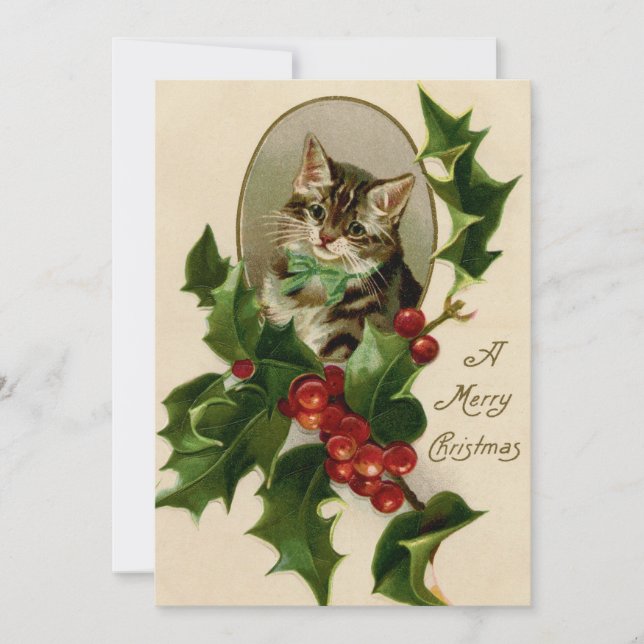 Vintage Christmas Cat with Holly Card (Front)