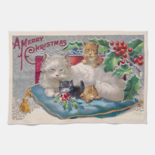 Vintage Christmas Cat with Kittens Merry Christmas Kitchen Towel